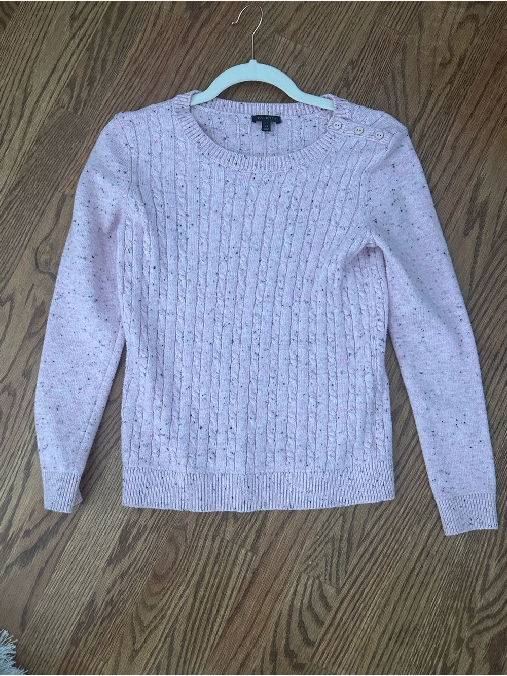 Talbots Light Pink Speckled Cable Knit Crewneck Sweater with Shoulder Buttons